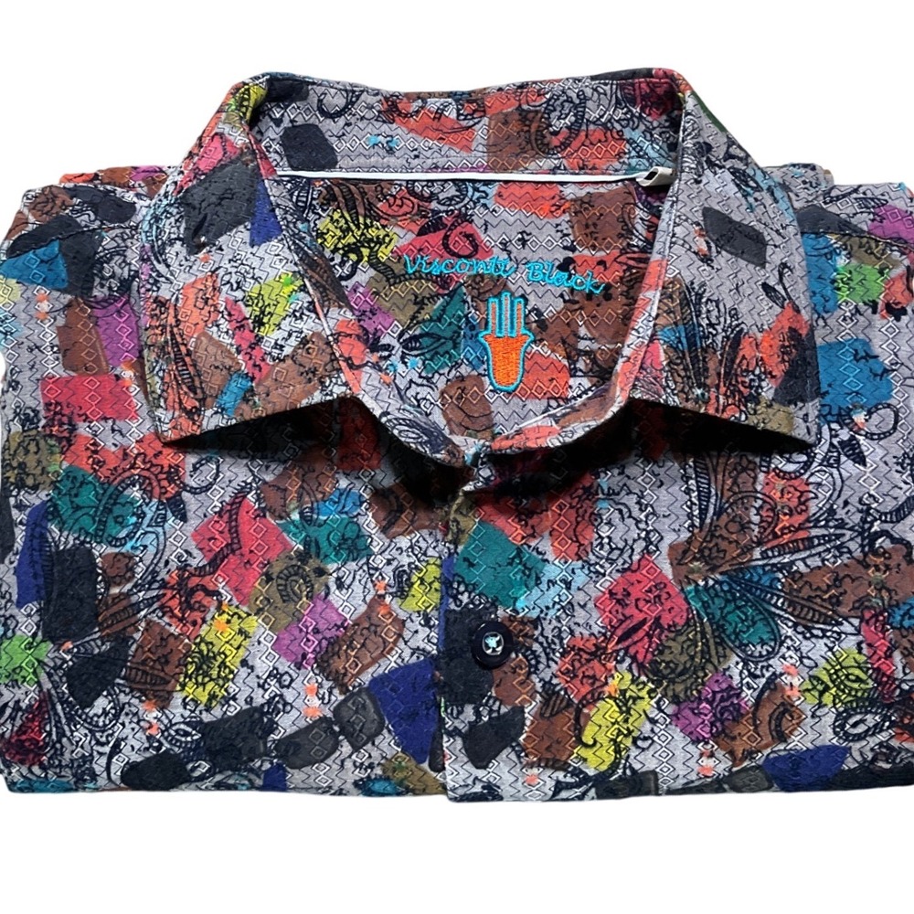 Visconti Black Mens Medium Embroidered Statement Rare Boho Unique‎ Shirt